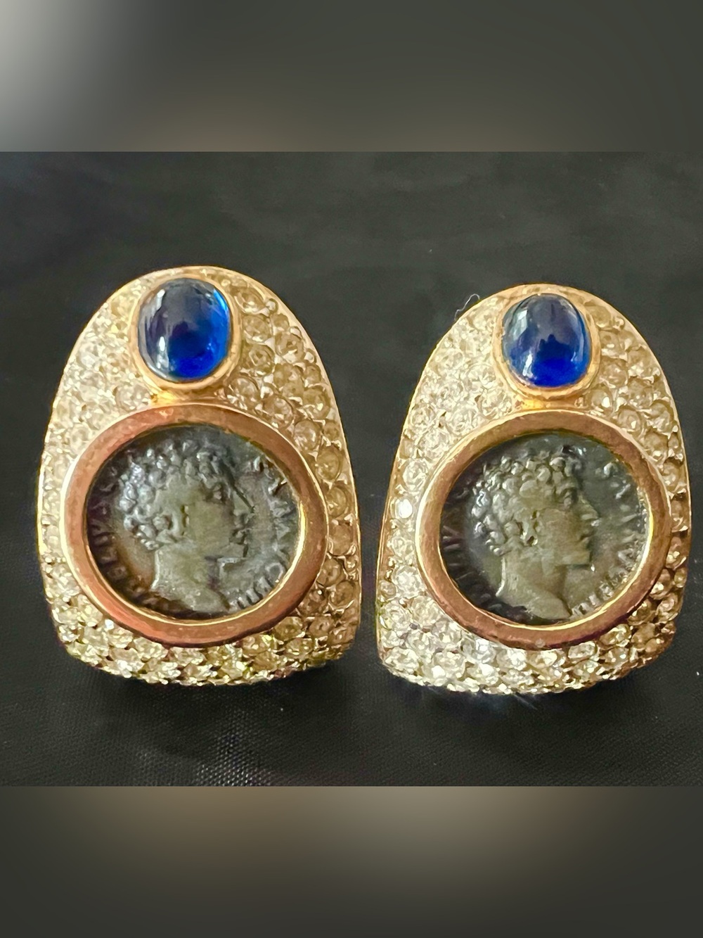 Vintage Gold-Tone Blue Cabochon Roman Coin Statement Earrings - Women Jewelry